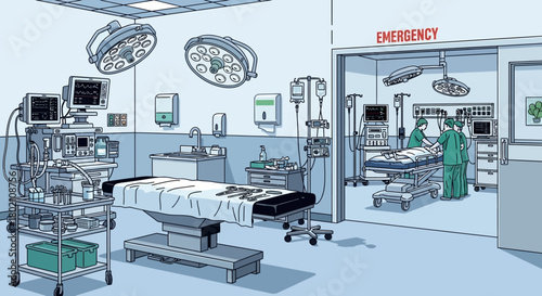 Operating room scene with surgical equipment, including an operating table, monitors, and medical staff, highlighting modern healthcare environment for surgery