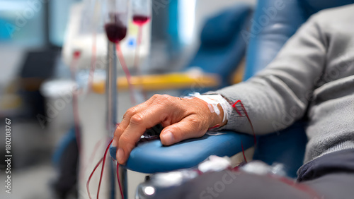 Ultra-realistic close-up of hemodialysis arterial needle with blood return visible in transparent tubing on male arm