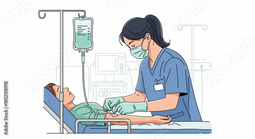 Nurse wearing mask and gloves administers an intravenous iv drip to patient lying in hospital bed, with medical equipment in the