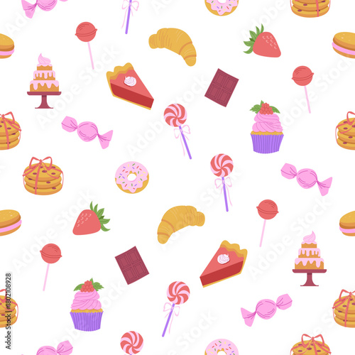 Pastry, sweet bakery seamless pattern with сookies, piece of pie, donut, candy, chocolate, cupcake, cake. Flat vector illustration.