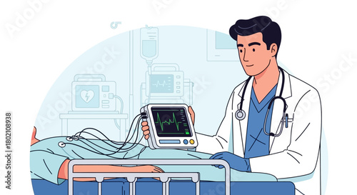 Doctor in coat with stethoscope examines patients vital signs on monitor in hospital room, with medical equipment in the