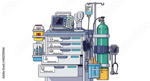 Closeup medical anesthesia machine with monitor, oxygen tank, and other essential equipment for patient care