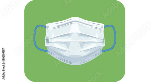 Disposable medical face mask with blue ear loops, isolated on green, representing protection and health