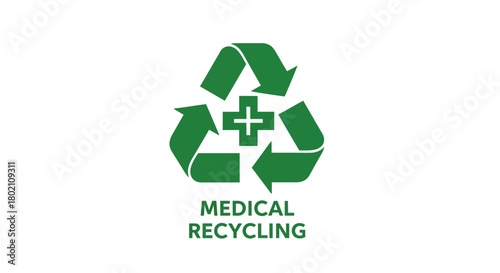 Green recycling symbol with plus sign in the center, indicating medical recycling and environmental responsibility in healthcare