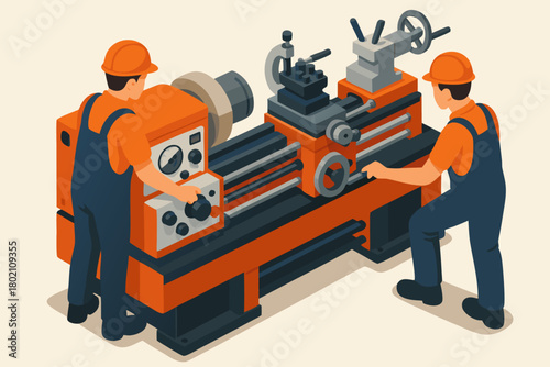 Skilled machinists operating lathe machine for metalworking manufacturing, vector illustration of industrial workers