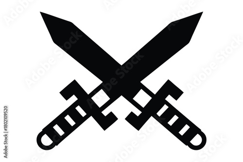 Two bold black swords cross each other in an iconic symbol of warfare