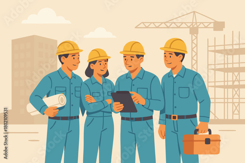 Dynamic team of construction engineers collaborating on site for modern building project success