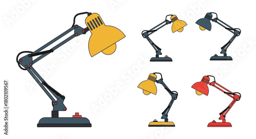 A collection of adjustable architect lamps in various colors and positions