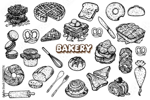vintage hand drawn retro bakery doodle set collection