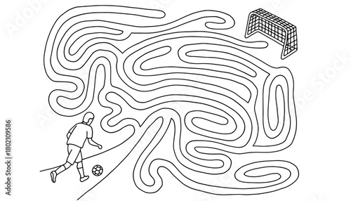 Soccer player navigating a complex maze to reach the goal post line