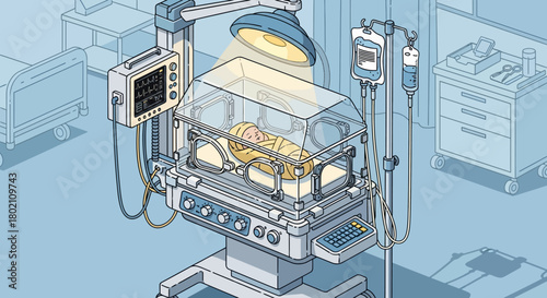 Newborn baby in an incubator in hospital setting, with medical monitoring equipment and an overhead examination lamp
