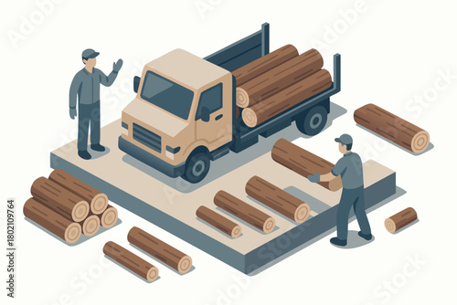 Lumber transport with truck and workers, isometric view, forestry and logging industry themed design