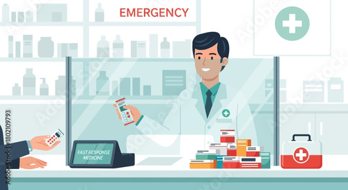 Pharmacist handing medication to customer at the counter in pharmacy, with shelves medicine in the and first aid kit on the counter