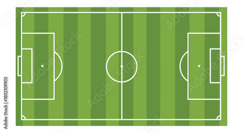 Aerial view of a green soccer field with marked lines and goal areas