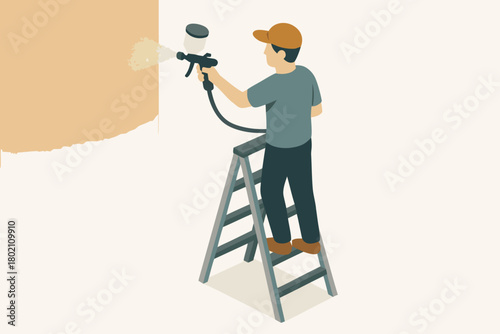 Professional painter carefully spraying wall with paint gun from ladder for home improvement project