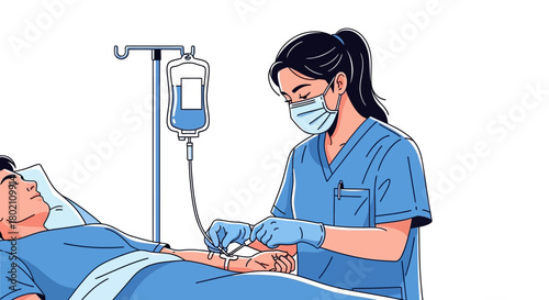 Nurse administering intravenous iv therapy to patient lying in bed, wearing mask and gloves for safety and hygiene
