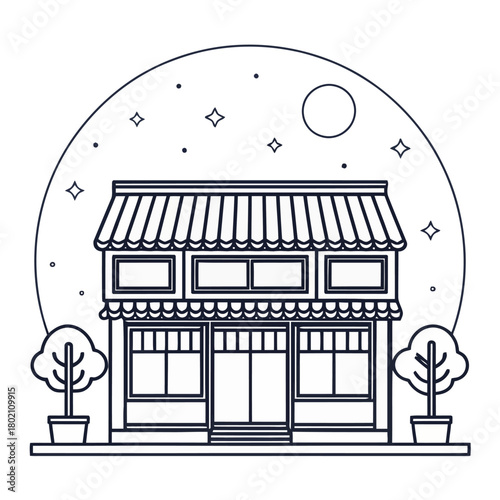 Traditional storefront line art with moonlit night sky and decorative elements