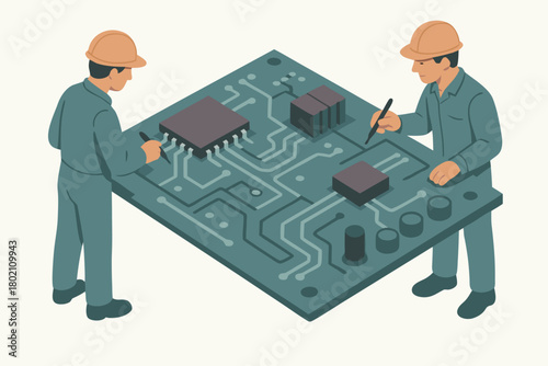 Engineering team inspects circuit board for quality control with precision in manufacturing facility