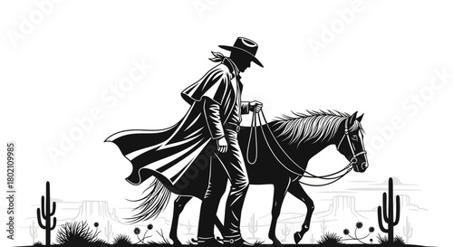 A black and white silhouette illustration of a cowboy walking with his horse in a desert landscape with cacti.