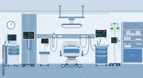 Modern hospital room interior with medical equipment, including patient bed, monitors, and iv drip stands, illustrating advanced healthcare technology and patient care