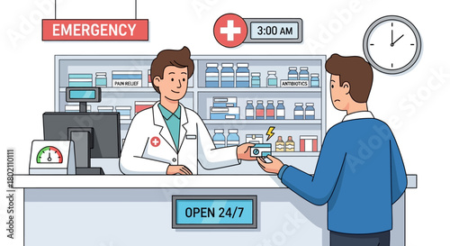 Pharmacist dispenses medication to customer at 247 pharmacy counter, with shelves stocked with various drugs and computer for recordkeeping