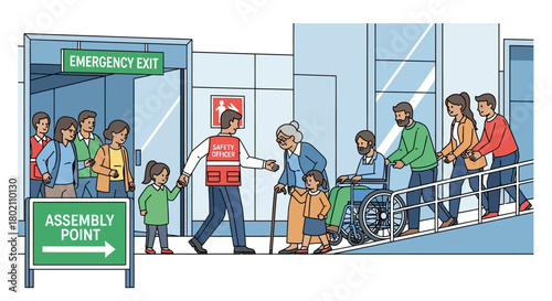 People evacuating building during an emergency, guided by staff member towards an assembly point, with some individuals requiring assistance like wheelchair user