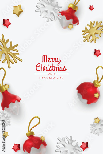 Elegant Christmas greeting card with golden ornaments and white snowflakes on a clean minimal background for festive holiday design