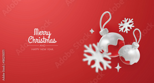 Elegant Christmas greeting card with golden ornaments and white snowflakes on a clean minimal background for festive holiday design