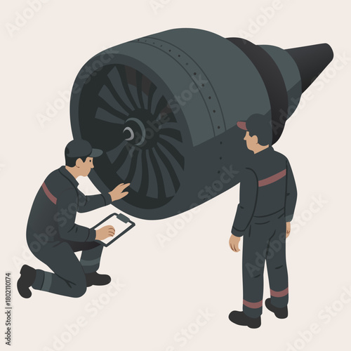 Aircraft engineers inspecting jet engine, maintenance and repair, aviation safety check, mechanical expertise