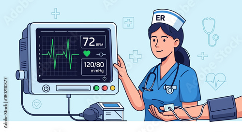 Nurse in uniform checks patients vital signs on medical monitor in an emergency room, displaying heart rate and blood pressure