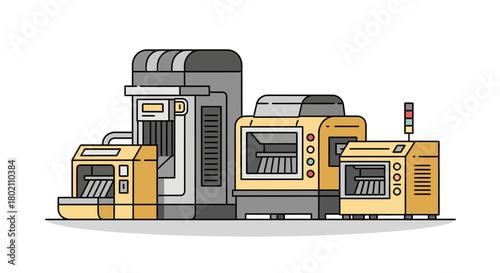 Collection industrial manufacturing machines, including 3d printers and other advanced technology, arranged in factory setting