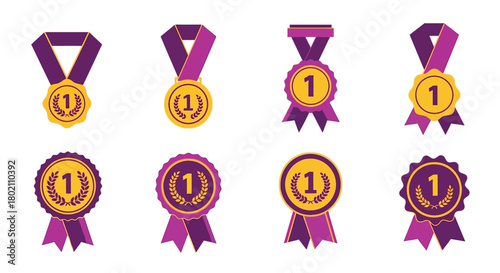 Collection of golden and purple award ribbons with number one symbols