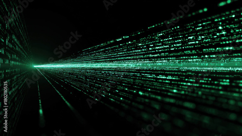 Digital Stream: Lines of data flowing, a visual representation of technology. The vibrant green color of the data against a black background creates a visually striking contrast