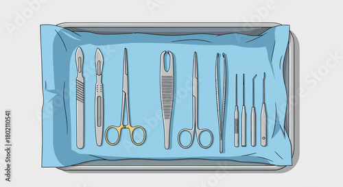 Surgical instruments laid out neatly on sterile blue drape within metal tray, ready for medical procedure, showcasing precision tools for surgery and healthcare