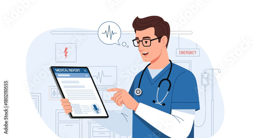 Male doctor wearing scrubs and stethoscope, wearing glasses, pointing at tablet with medical charts and graphs on screen, with medical icons in the