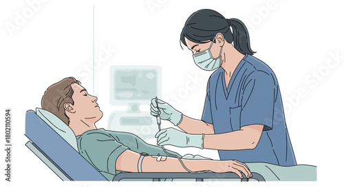 Medical professional wearing mask and gloves carefully draws blood from patient lying in hospital bed, illustrating blood draw procedure for medical testing and diagnosis