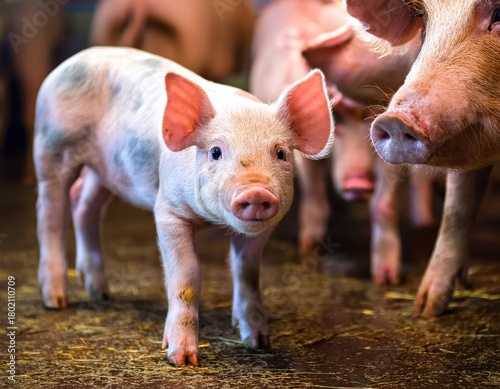 Sustainable Farming – Well-fed pigs enjoy nutritious meals from troughs in a controlled farm setting. Generated with AI