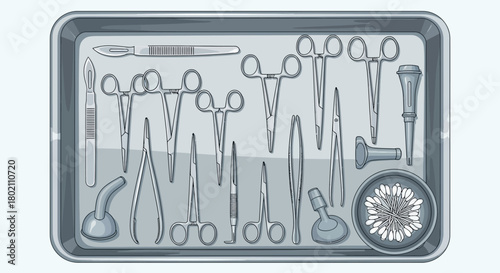 Sterile surgical tray filled with variety medical instruments, including scalpels, forceps, scissors, and retractors, arranged neatly for surgical procedure