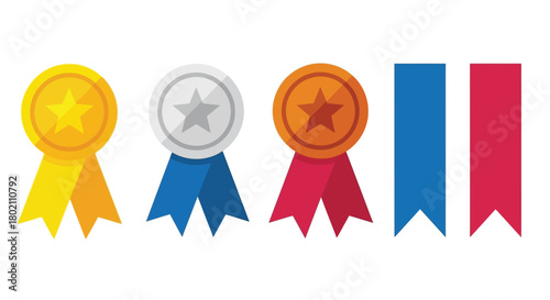 A collection of colorful award ribbons and medals displayed in a row