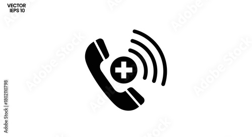 Black icon representing telephone receiver with plus symbol and radiating waves, symbolizing medical emergency call or healthcare hotline