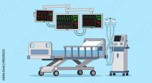 Intensive care unit hospital bed with vital signs monitors and medical ventilator equipment, ready for patient admission and critical care