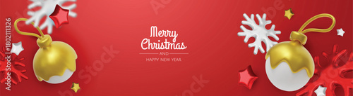 Elegant pastel Christmas baubles and winter elements form a light, joyful holiday background ideal for cards, banners, and festive promotions