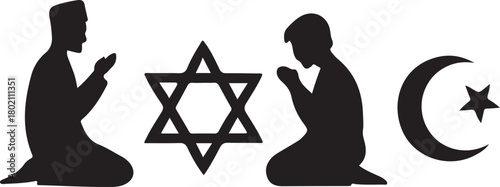 Religious symbols of judaism christianity and islam with praying figures