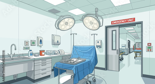 Operating room in hospital with surgical equipment, medical lights, and an emergency unit door
