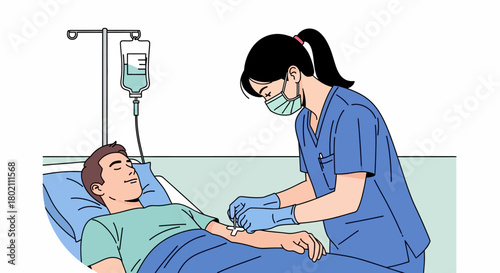 Nurse administers an intravenous drip to patient lying in hospital bed, illustrating medical care and treatment