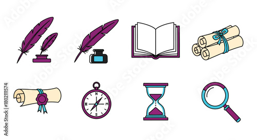 Vintage writing tools open book and historical objects in colorful illustration