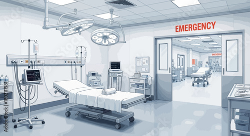 An empty, modern hospital emergency room with medical equipment, beds, and surgical lights, ready for patient care