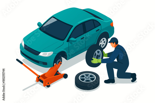 Car mechanic changing a tire on a vehicle with a jack, automotive service, professional repair for transportation