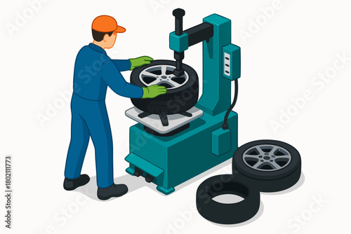 Tire shop mechanic changing wheel with machine, offering prompt roadside assistance and expert automotive services, vector