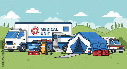 Mobile medical unit with ambulance, tent, and medical supplies set up in grassy field with rolling hills and trees in the, illustrating emergency healthcare services